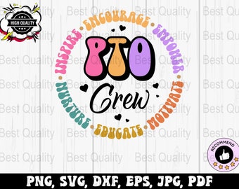 May include: A colorful circle design with the text "PTO Crew" in the center. The circle is surrounded by the words "Inspire, Nurture, Educate, Motivate, Empower, Encourage" in a circular pattern.