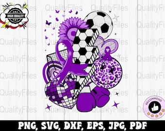 May include: Purple and white digital design featuring a soccer ball, a soccer net, a heart, a ribbon, a sunflower, a smiley face with leopard print, and butterflies. The design includes the text "HIGH QUALITY".