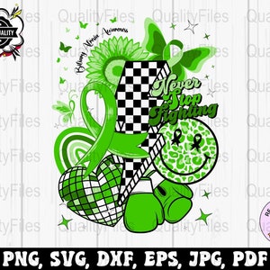 Op de afbeelding: Een digitaal grafisch ontwerp in groen en zwart met een zonnebloem, lint, hart en bokshandschoenen. De tekst luidt "Never Stop Fighting" en "Biliary Atresia Awareness". Bestandsformaten: PNG, SVG, DXF, EPS, JPG, PDF.
