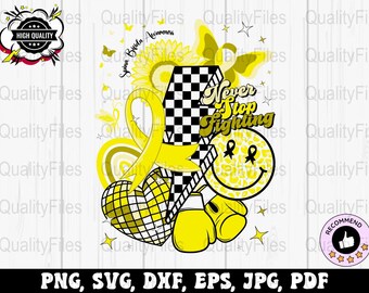 May include: A yellow and black graphic design with a checkered pattern, a heart, a smiley face, a ribbon, and boxing gloves. The text "Never Stop Fighting" is in the center of the design. The design is on a white wood background.