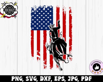 Rodeo Bull Rider Svg Png, Cowboy Cowgirl Svg Cricut, Western Png, Country Png Sublimation, Cowboy American Flag Svg, Cowboy 4th of July Png