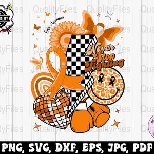 May include: Orange and black graphic design with a chequered pattern, a sunflower, a ribbon, a heart, boxing gloves, and a smiley face with a leopard print. The text "Never Stop Fighting" is in a retro font.