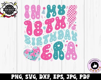 May include: A pink and blue graphic design with the text "In My 18th Birthday Era". The design features a heart with a checkered pattern, a lightning bolt, and stars.