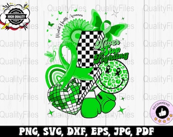 May include: Green mental health awareness graphic with a checkered pattern, a green ribbon, a green heart, a green smiley face with leopard print, and green boxing gloves. The graphic includes the text "Mental Health Awareness" and "Never Stop Fighting".