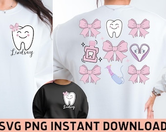 May include: Two white sweatshirts with pink and white tooth designs. One sweatshirt has a single tooth with a bow and the name "Lindsay" printed below. The other sweatshirt has multiple tooth designs, including a tooth with a bow, a tooth with a mouth guard, a bottle of mouthwash, a toothbrush, and a bow.