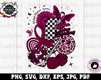 May include: A pink and black graphic design with the text "Never Stop Fighting" and a pink ribbon. The design includes a heart, a boxing glove, a sunflower, and a butterfly. The design is on a white background.