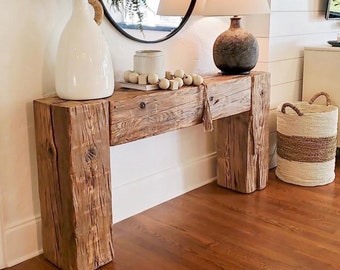 Old beam console table unique dovetail old wood rustic style table loft organic reclaimed barn wood entryway table rough textured wood MFW