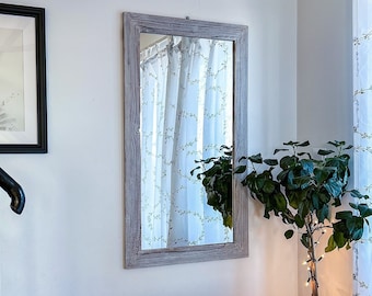 Mirror in a old wooden whitewashed gray frame reclaimed unique wood rustic farmhouse mirror country style ashen wood 109cm/43in