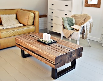 Reclaimed Wood Coffee Table – Rustic Industrial Coffee Table – Solid Old Beam Table – Loft Style Handmade Table