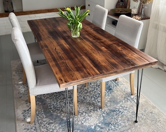 Reclaimed Wood Dining Table with Hairpin Legs – Rustic Handmade Table for 4–6 People – Solid Wood Farmhouse Table – Industrial Loft Style