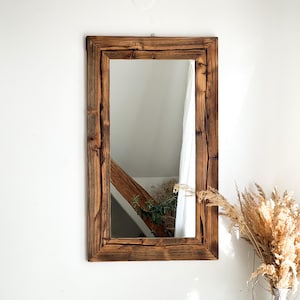 Rustic Mirror with Reclaimed Wood Frame – Handmade Square Wall Mirror – Japandi Minimalist Style – Natural Aged Wood Decor