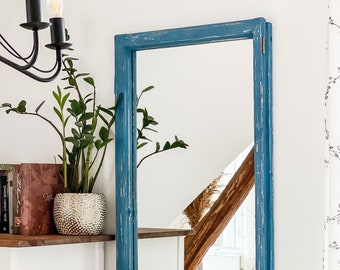 Mirror in a old blue wooden window frame unique rustic shabby chic style farmhouse modern country mirror big mirror reclaimed window frame