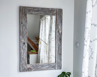 Mirror in a old wooden gray frame reclaimed unique wood rustic farmhouse bohostyle mirror country textured ashen wood big frame 110cm/43in