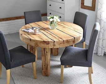 Round table reclaimed beams dining table rustic style organic barn wood Solid massive table Old natural beams provencial MFWdesign