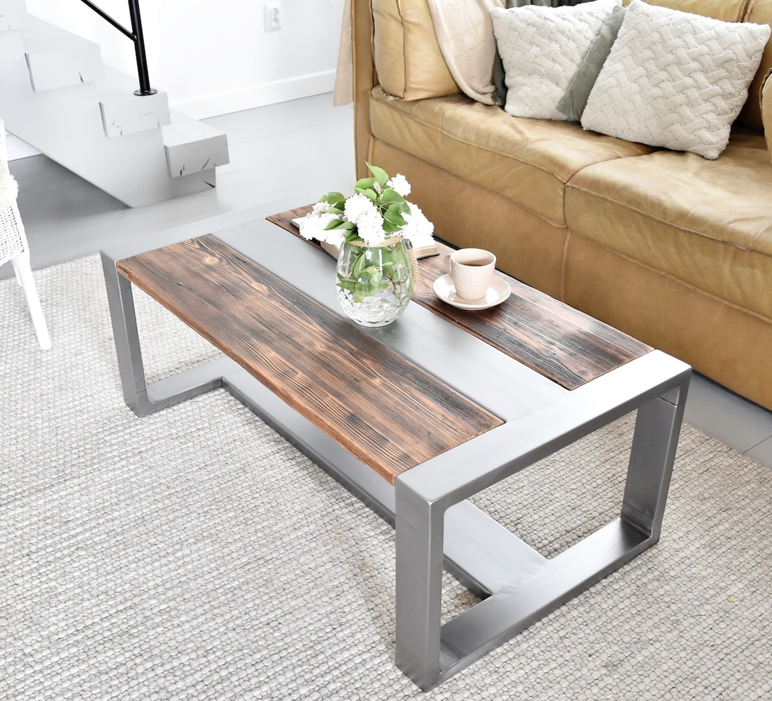 Reclaimed Barn Wood Coffee Table With Metal Strip Rustic Industrial reclaimed-barn-wood-coffee-table-with-metal-strip-rustic-industrial