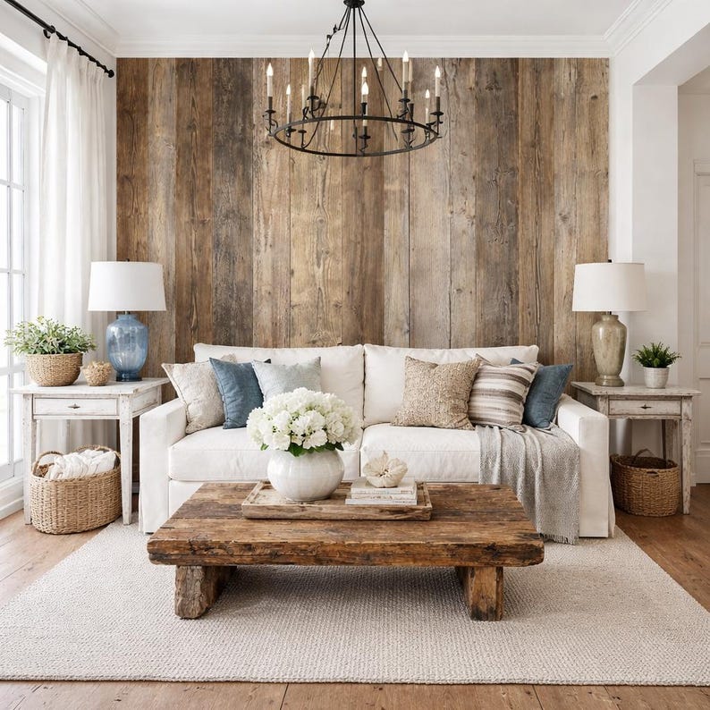 May include: A living room featuring a white sofa with blue and beige throw pillows, a low wooden coffee table, two white side tables with lamps, a large black metal chandelier, and a wall covered in vertical brown wooden planks.