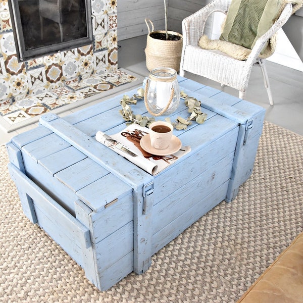 Pastel Blue Coffee Table Made from Vintage Army Chest, Reclaimed Solid Wood, Rustic Chic, On Wheels