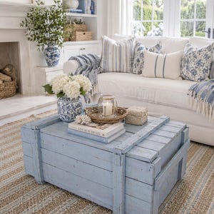 Pastel Blue Vintage Military Chest Coffee Table – Reclaimed Solid Wood Army Trunk Storage Table, Rustic Farmhouse Coffee Table