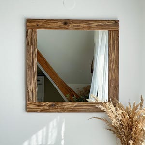 Rustic Mirror with Reclaimed Wood Frame – Handmade Square Wall Mirror – Japandi Minimalist Style – Natural Aged Wood Decor