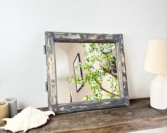 Antique Window Mirror Rustic Farmhouse navy blue Mirror French Country Mirror Shabby Chic Window Frame Mirror Pastel Wall Decor 56x54 cm