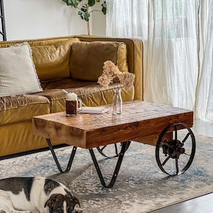 Coffee table made of an old industrial cart top made of old wood, recycled boards, industrial loft, modern farm house style unique wood MFW