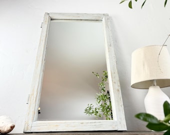 Light white Window Frame Mirror Reclaimed Wood beams Mirror Pastel Farmhouse Wall Wabi Sabi French Country Home Decor 93x56 cm