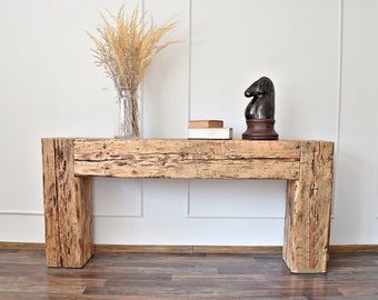 Old beam console table unique wood rustic style country loft organic reclaimed barn wood solid entryway side table modern chic japandi style