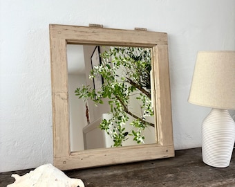 Rustic Window Frame Mirror Reclaimed Wood beams Mirror beige Pastel Farmhouse Wall Mirror Wabi Sabi French Country Home Decor 56x50 cm