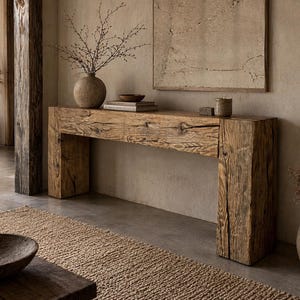 Peut inclure: Une console en bois rustique avec une finition naturelle. La table a un dessus rectangulaire épais et deux pieds carrés et massifs. Un vase avec des branches, des livres et des objets décoratifs sont posés dessus. Un tapis tissé et un bol en bois sont au premier plan.