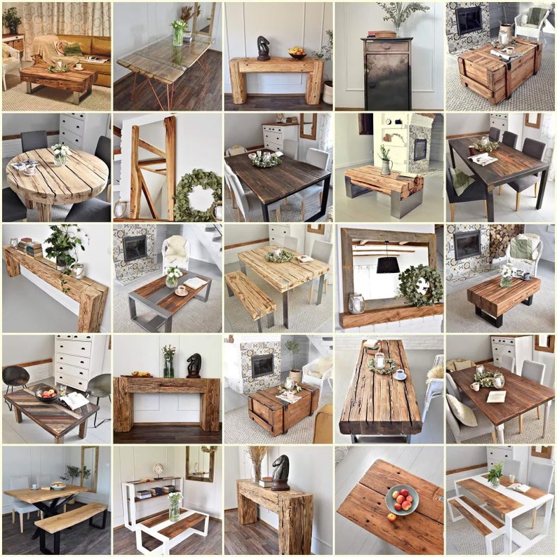 May include: A collection of rustic wooden furniture pieces including dining tables, coffee tables, and console tables. The items feature natural wood grain textures, live edges, and various metal leg designs, showcasing a variety of interior home furnishings.