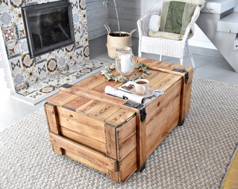 Vintage Military Chest Coffee Table Reclaimed Wood Trunk Coffee Table Army Storage Coffee Table Rustic Farmhouse Coffee Table On Wheels