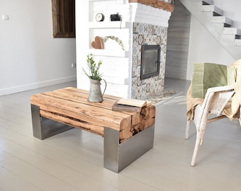 Old beams coffee table silver steel thick legs rustic style organic barn reclaimed solid light wood massive table loft modern natural MFW