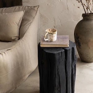 May include: A black wooden log stool with a vertical split, topped with a closed hardcover book and a small, textured, off-white ceramic mug with brown speckled details. The stool has a rough, natural wood grain texture and a dark matte finish.