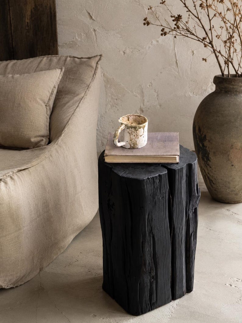 May include: A black wooden log stool with a vertical split, topped with a closed hardcover book and a small, textured, off-white ceramic mug with brown speckled details. The stool has a rough, natural wood grain texture and a dark matte finish.