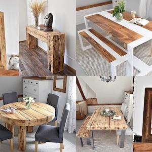 May include: A collection of handcrafted wooden furniture including rectangular and round dining tables, a console table, a coffee table, and rectangular mirrors, all featuring natural wood grain textures and sturdy metal or wooden bases.