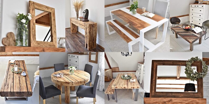 May include: A collection of handcrafted wooden furniture including rectangular and round dining tables, a console table, a coffee table, and rectangular mirrors, all featuring natural wood grain textures and sturdy metal or wooden bases.