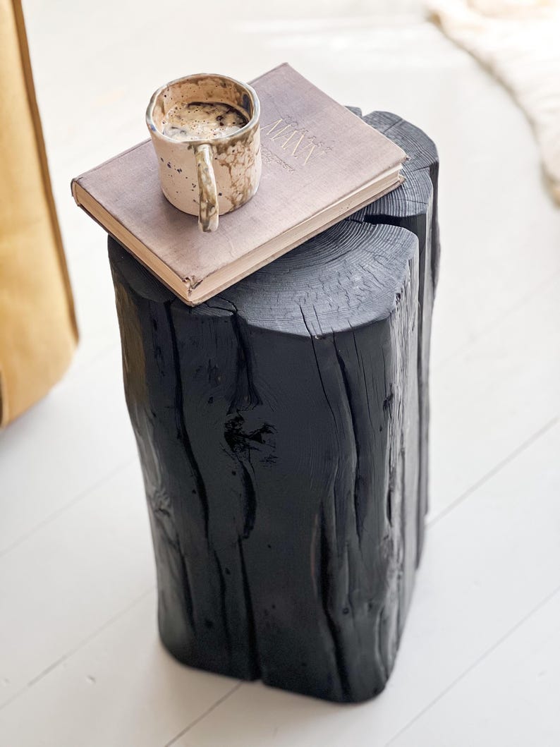 May include: A black, cylindrical wooden log stool with a textured, charred surface. Resting on top is a rectangular book with a light gray cover and a speckled, off-white ceramic mug filled with a dark liquid, featuring a prominent handle.