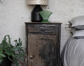 Vintage Industrial Metal Cabinet – French Steel Locker Nightstand – Military Storage Side Table – Loft Bedside Cabinet Rustic Furniture