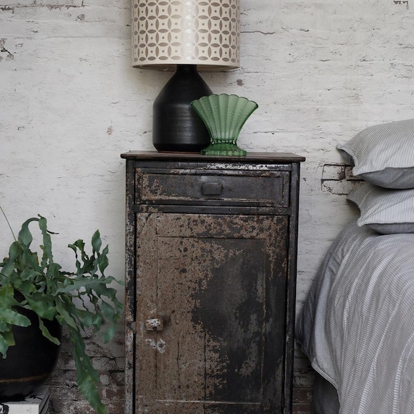 Vintage Industrial Metal Cabinet – French Steel Locker Nightstand – Military Storage Side Table – Loft Bedside Cabinet Rustic Furniture