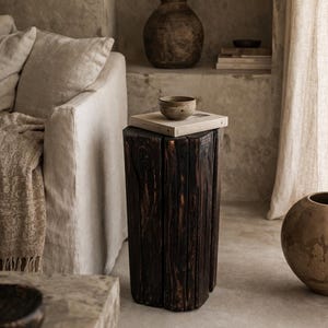 Peut inclure: Une table d'appoint en bois foncé et rustique, de forme cylindrique. Un petit bol clair et un livre reposent sur le dessus. La table est placée dans une pièce aux tons neutres avec un canapé et des vases décoratifs, créant une esthétique naturelle et chaleureuse.