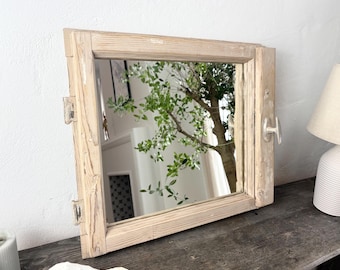 Rustic Window Frame Mirror Reclaimed Wood beams Mirror beige Pastel Farmhouse Wall Mirror Wabi Sabi French Country Home Decor 56x50 cm