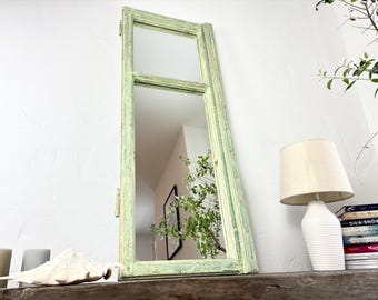 Old Window rustic Frame Mirror Reclaimed Wood beams Mirror mint green Pastel Farmhouse Wall Mirror Wabi Sabi French Country Decor 116x44 cm