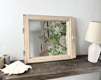 Rustic Window Frame Mirror Reclaimed Wood beams Mirror beige Pastel Farmhouse Wall Mirror Wabi Sabi French Country Home Decor 56x50 cm