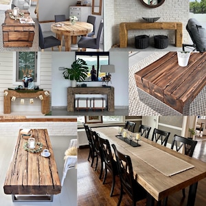 May include: A collection of wooden furniture pieces including rectangular coffee tables, a round dining table, and console tables. The furniture features thick, reclaimed-style wood planks with visible grain, knots, and dark brown finishes.