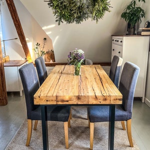 Old beams dining table black legs rustic style loft organic barn wood reclaimed solid wood steel legs massive table natural light wood MFW