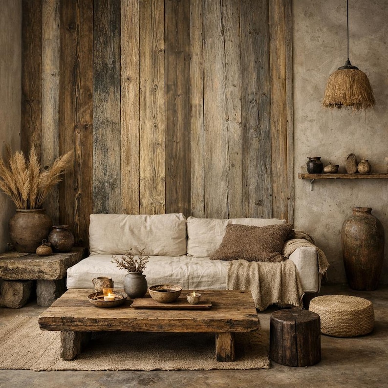 May include: A beige sofa with a brown throw pillow sits before a vertical wood plank wall. A low, rectangular wooden coffee table holds ceramic bowls and a candle. A woven pendant light hangs above, with large clay vases and a round floor pouf.