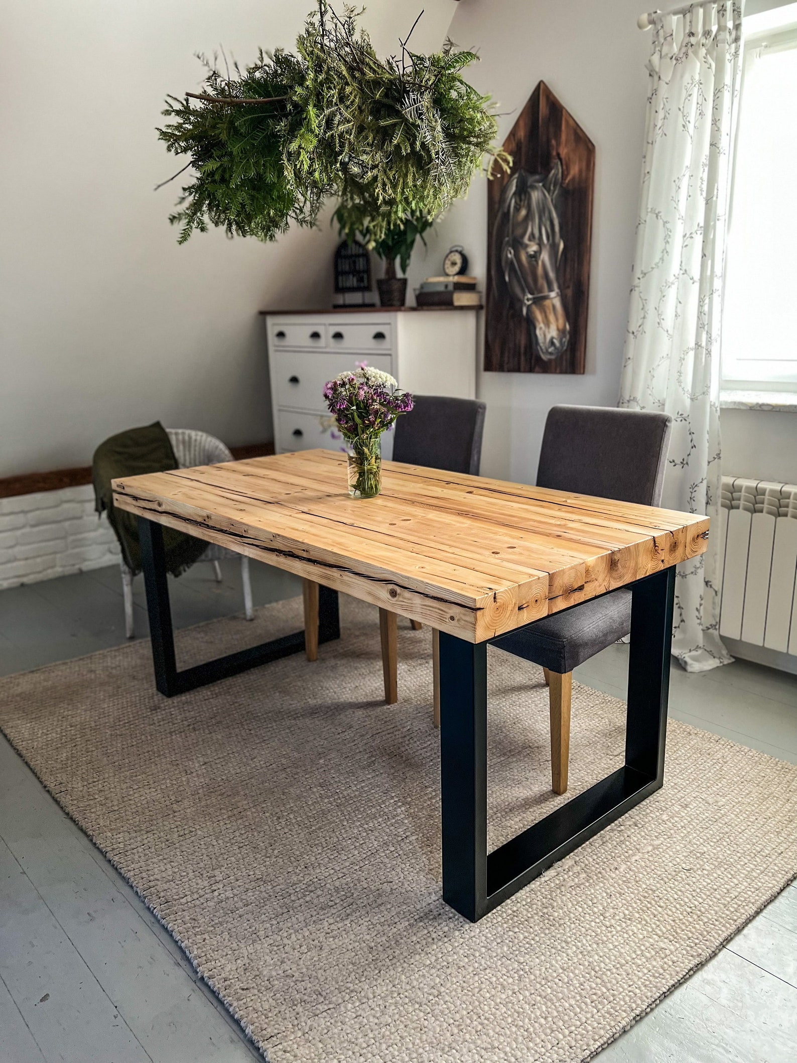Old Beams Dining Table Black Legs Rustic Style Loft Organic Barn Wood