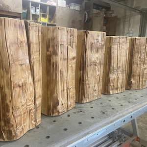 May include: A row of six vertical wooden logs with a natural light brown finish, featuring visible wood grain, knots, and vertical cracks. Each log has a rectangular shape with a flat top and a small rectangular brand tag attached to the upper edge.