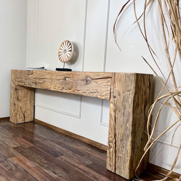 Old beam console table unique dovetailed old wood rustic style table loft organic reclaimed barn wood entryway natural table MFW design