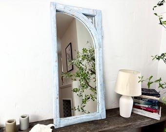 Ornament Light blue Window Frame Mirror Reclaimed Wood beams Mirror Pastel Farmhouse Wall Wabi Sabi French Country Home Decor 102x50 cm